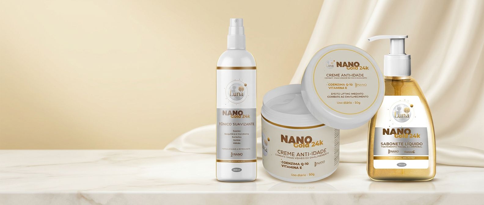 Sabonete, tônico e creme anti-idade NANO Gold 24k sobre mármore pérola
