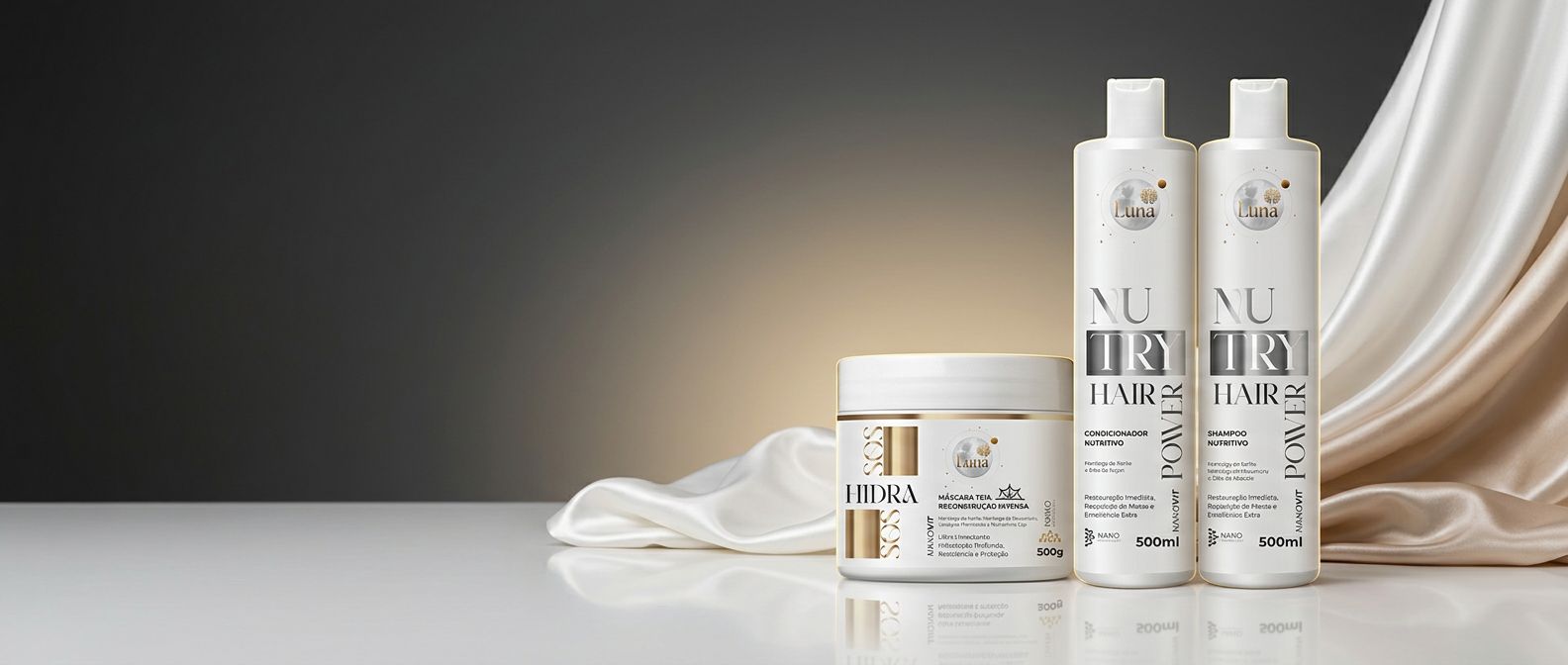 Shampoo, condicionador Nutry Hair e máscara de reconstrução